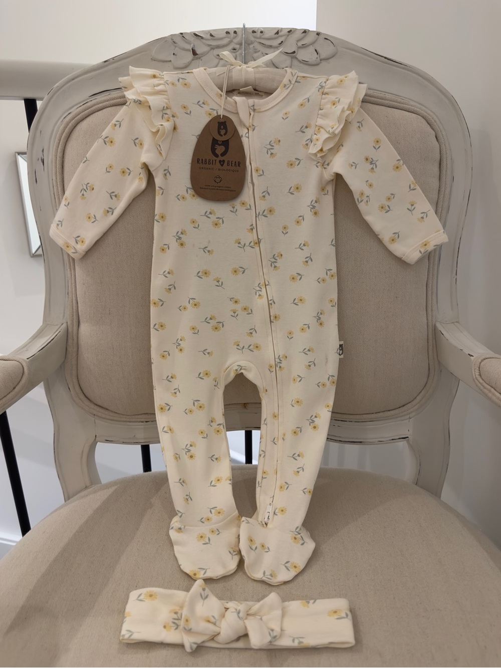 🦢 6~9 Mth Organic Cotton Butter Yellow Floral Ruffle Baby One-Piece Set NWT